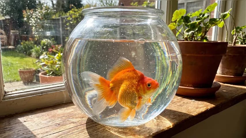 red fish in his jar. The jar is on a table near a window